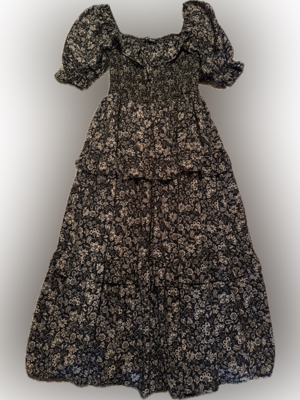 Smocked Puff-Sleeve Floral Maxi Dress - Black/Cream